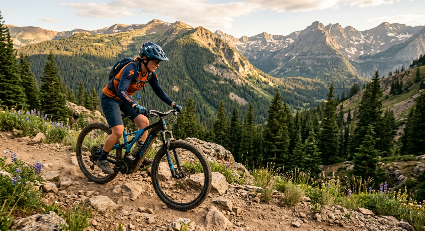 A rider on a paved mountain path navigating a curve near Vail Pass