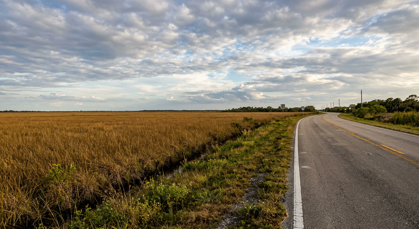 A flat span of brown sawgrass meeting the edge of a paved highway under a cloudy South Florida sky