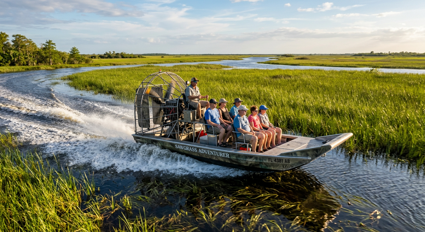 A flat-bottomed airboat with an engine and enclosed fan blades speeding across shallow water and green sawgrass