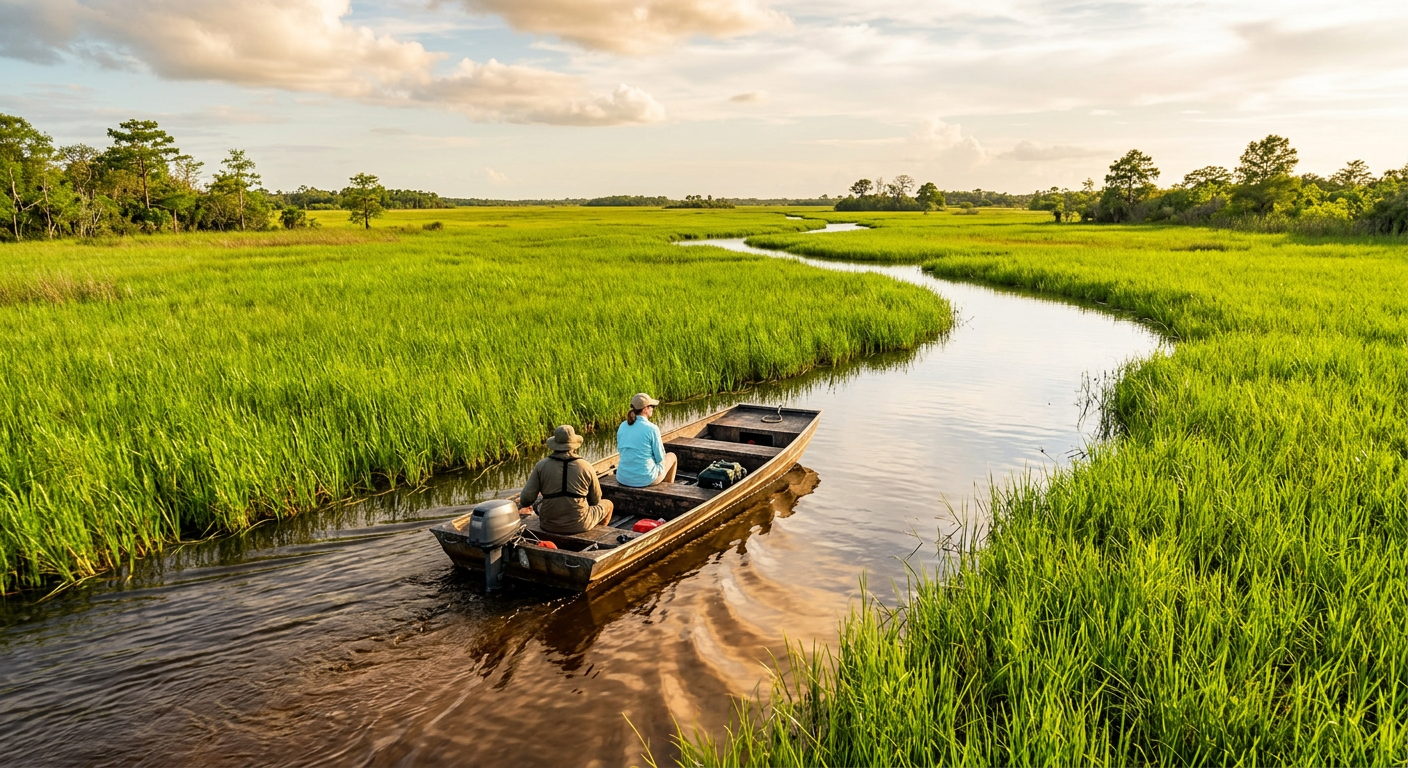 A flat-bottom skiff moving slowly through bright green sawgrass and open water in the Florida Everglades