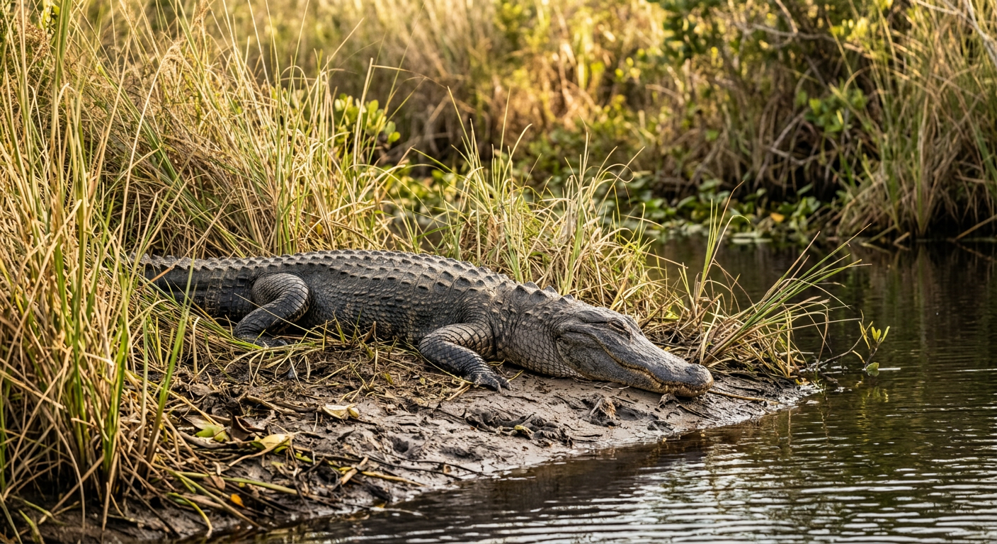 A large alligator sleeping peacefully on a muddy bank among pale tall sawgrass