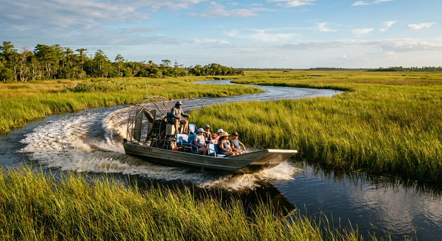 A small six-seat airboat carving a tight turn through tall green sawgrass in the Florida Everglades