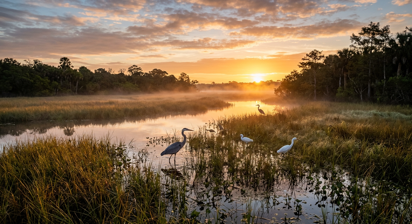 Mist rising over a pristine Florida marsh at dawn with herons wading in the shallow grass