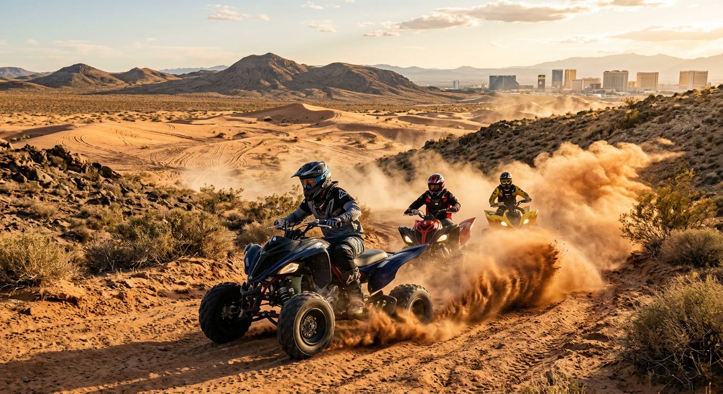 Off-road ATVs kicking up dust on the trails at Nellis Dunes near Las Vegas