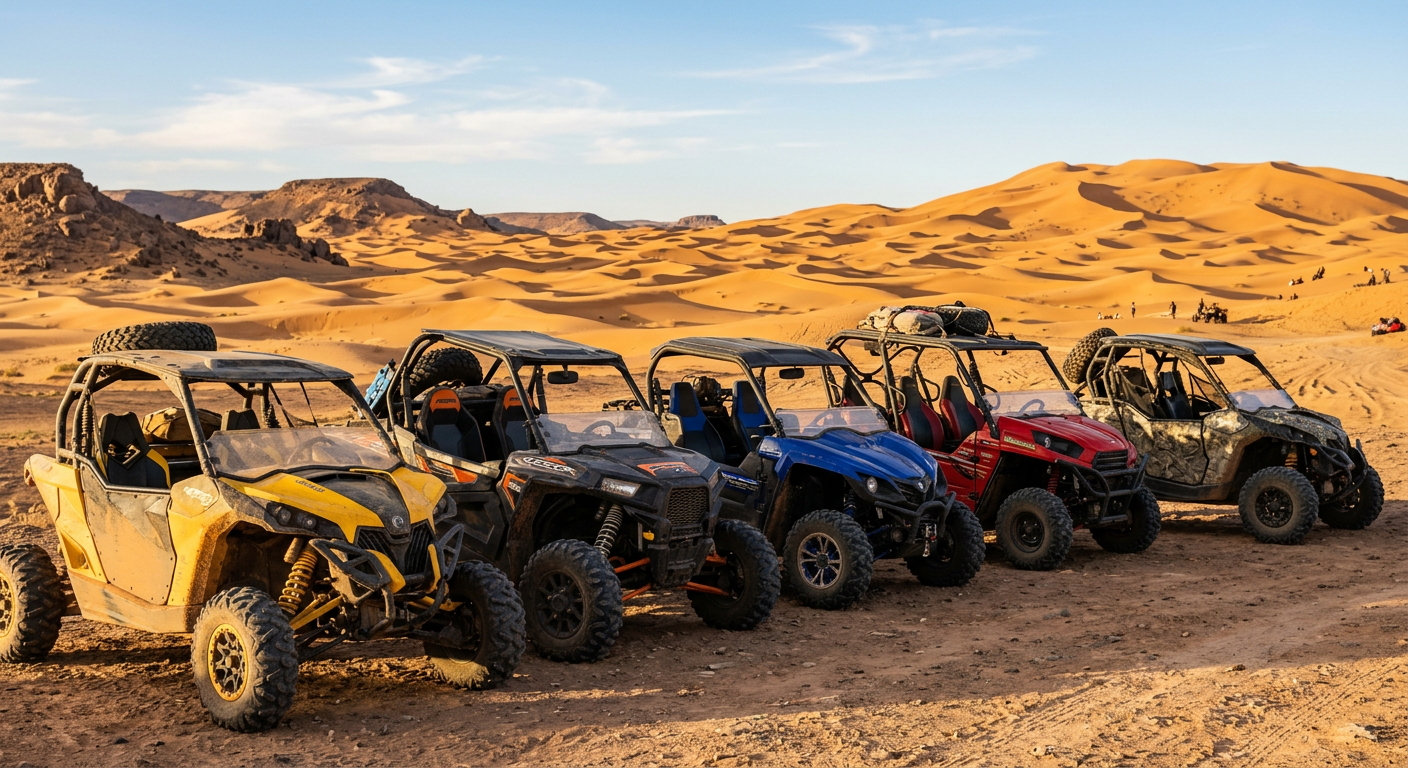 A row of side-by-side off-road vehicles parked against a desert backdrop with scratched roll cages