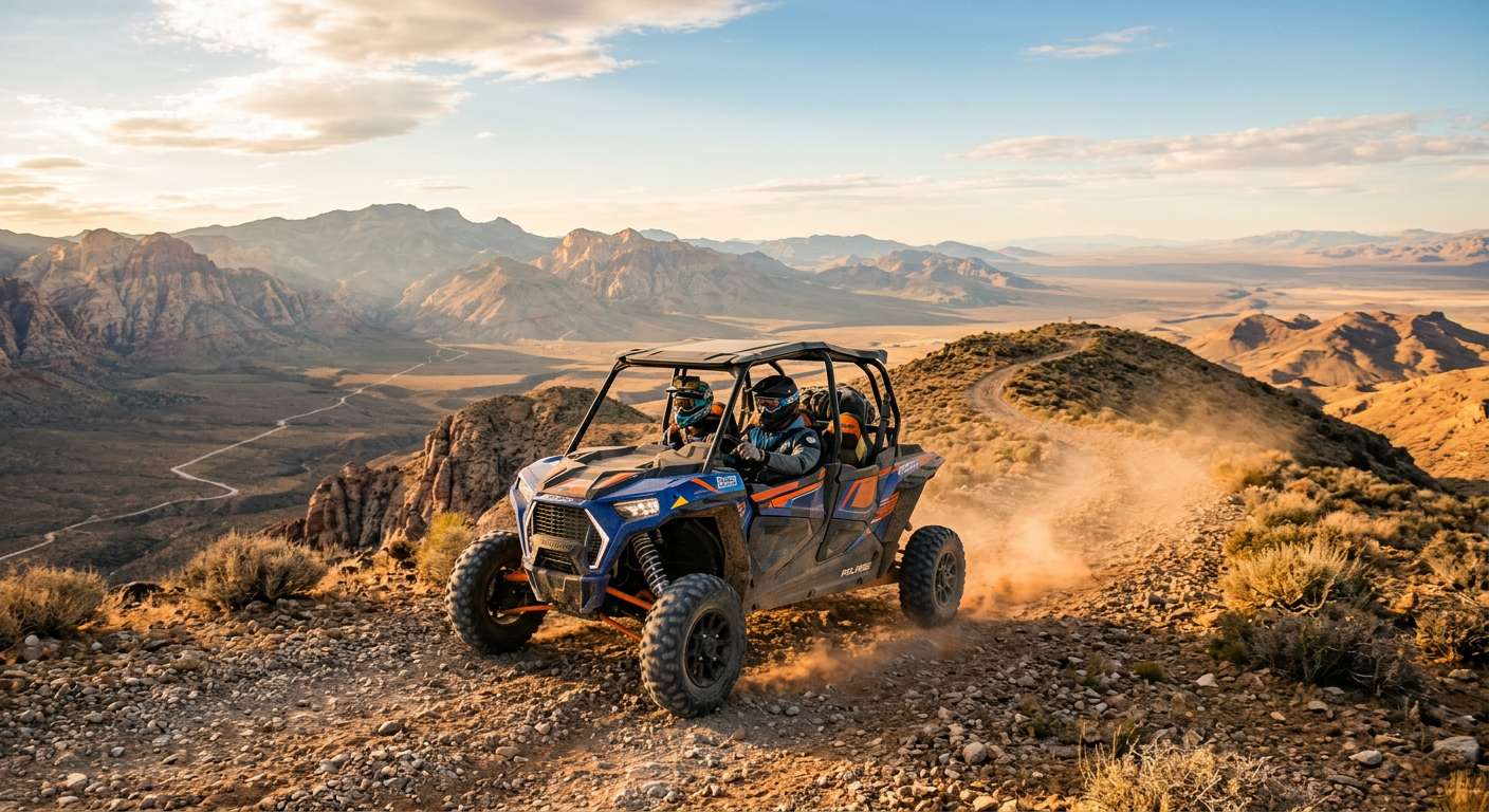 Two riders steering a wide side-by-side UTV over a dusty Nevada ridge