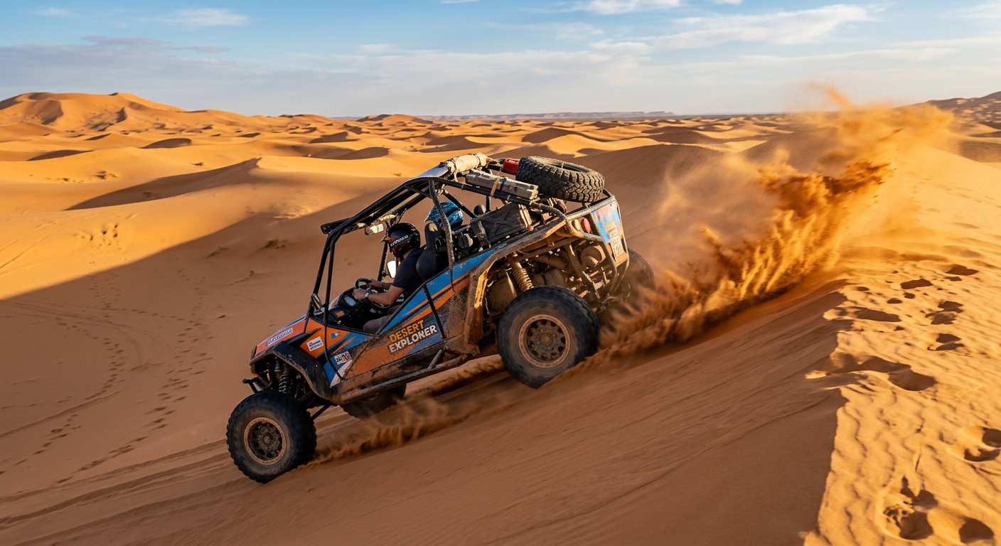 A dune buggy accelerating up a steep, sandy incline with sand flying from the rear tires