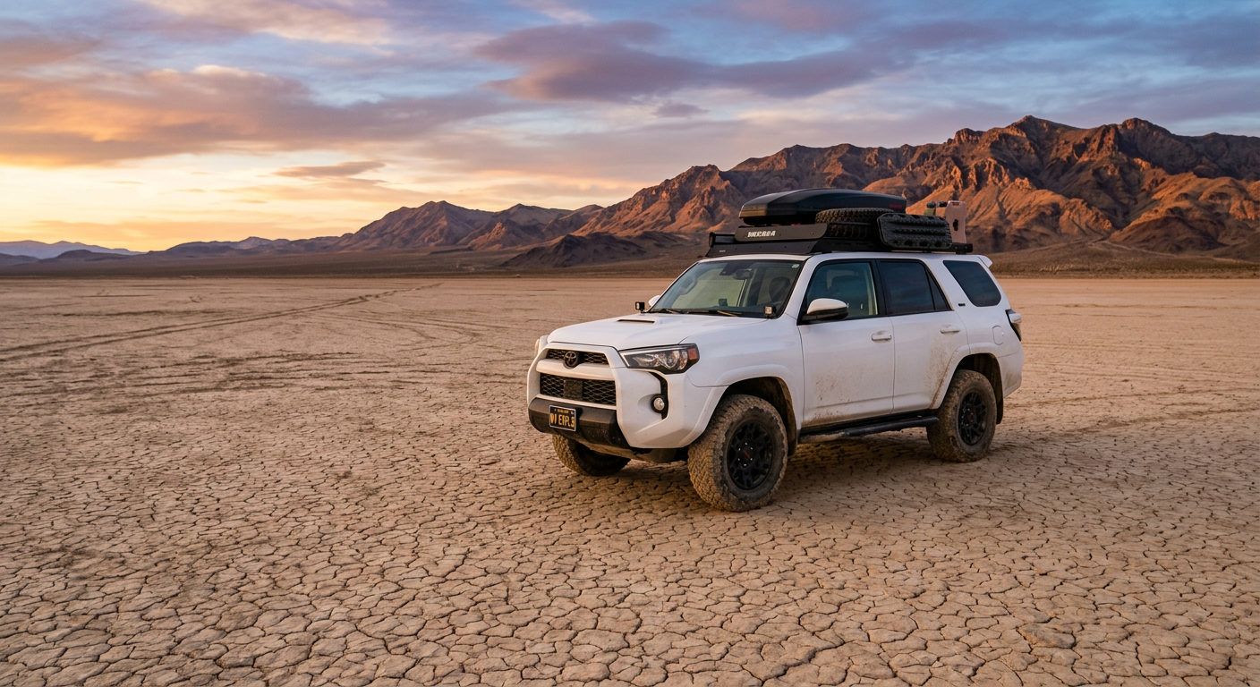 Off-road vehicle parked on a cracked alkali flat in the Nevada desert
