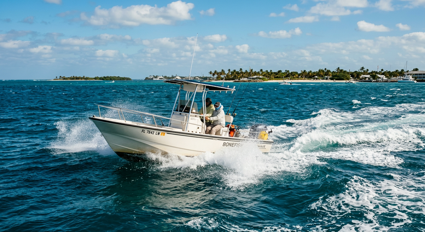 A strong open boat cutting through whitecap waves in the deep waters off the coast of Key West
