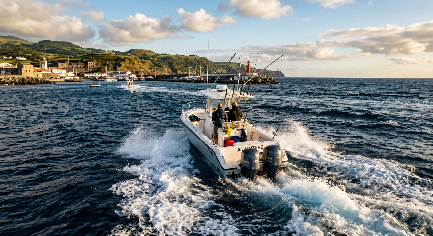 A powerful center console boat cutting through choppy dark blue ocean water away from the harbor