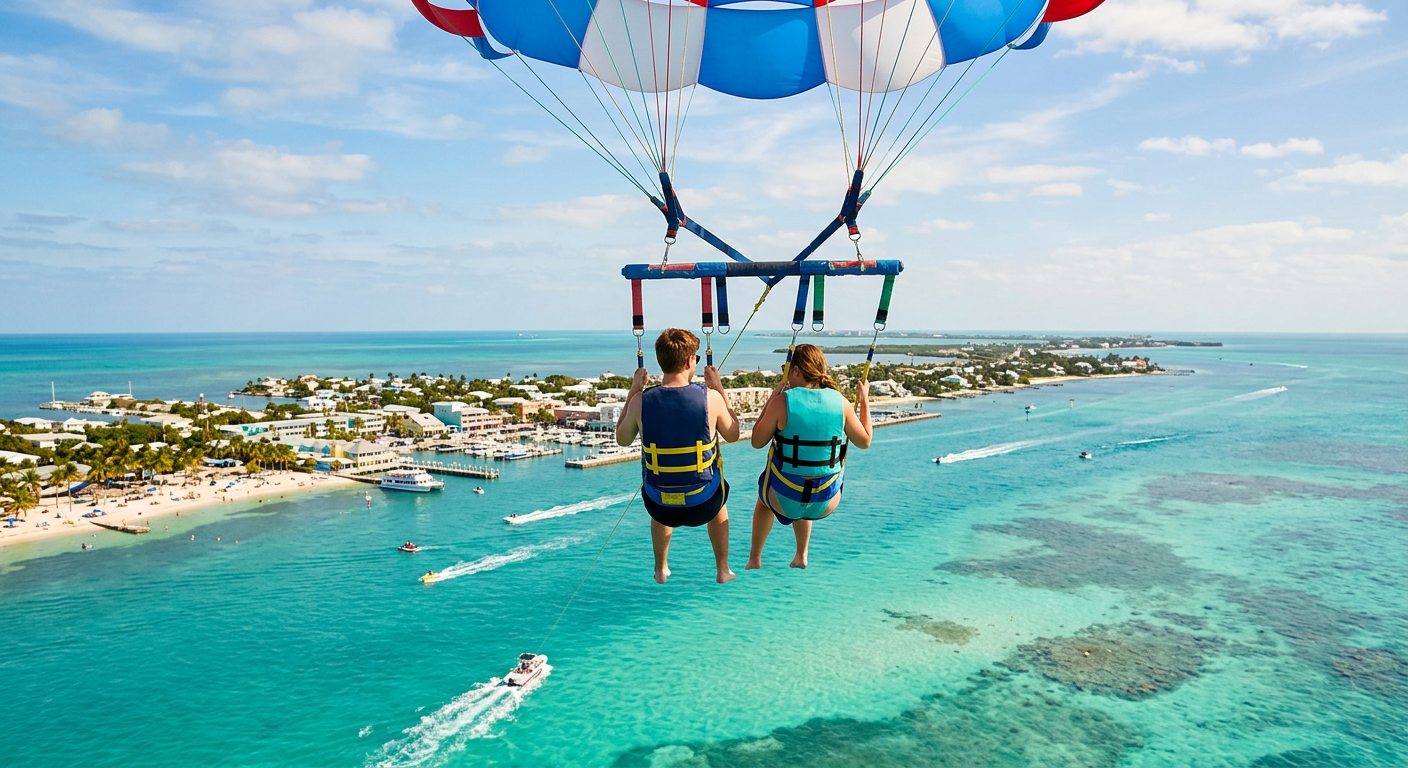 Two passengers suspended in a bright parachute harness high above the turquoise Key West ocean waters