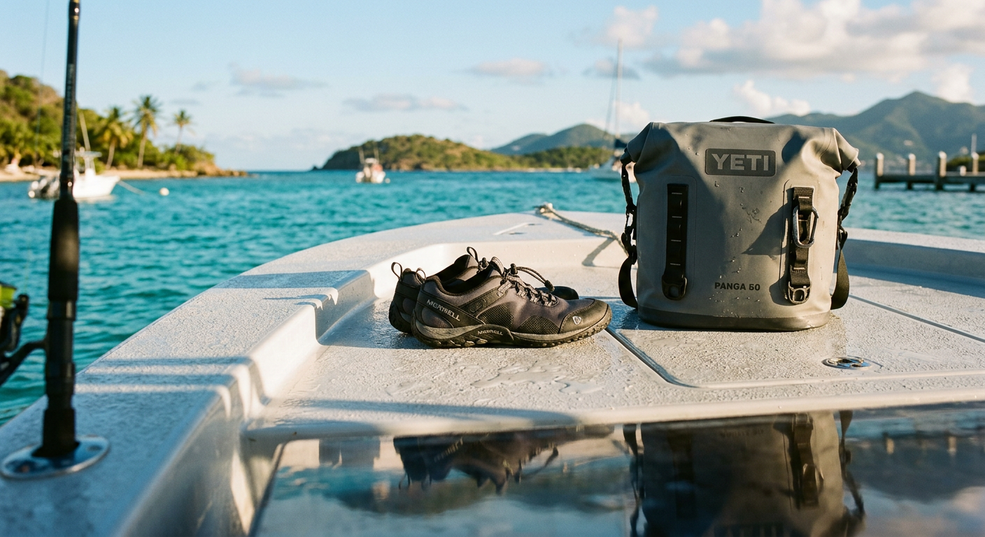 Wet center console boat deck with a pair of secure neoprene water shoes sitting near a gray dry bag