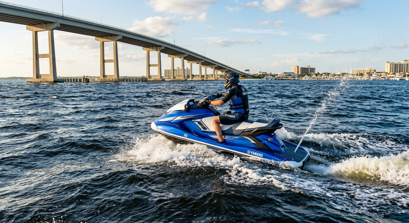 A rider on a Yamaha Waverunner navigating the choppy dark blue waters of Choctawhatchee Bay with the Destin bridge in the distance