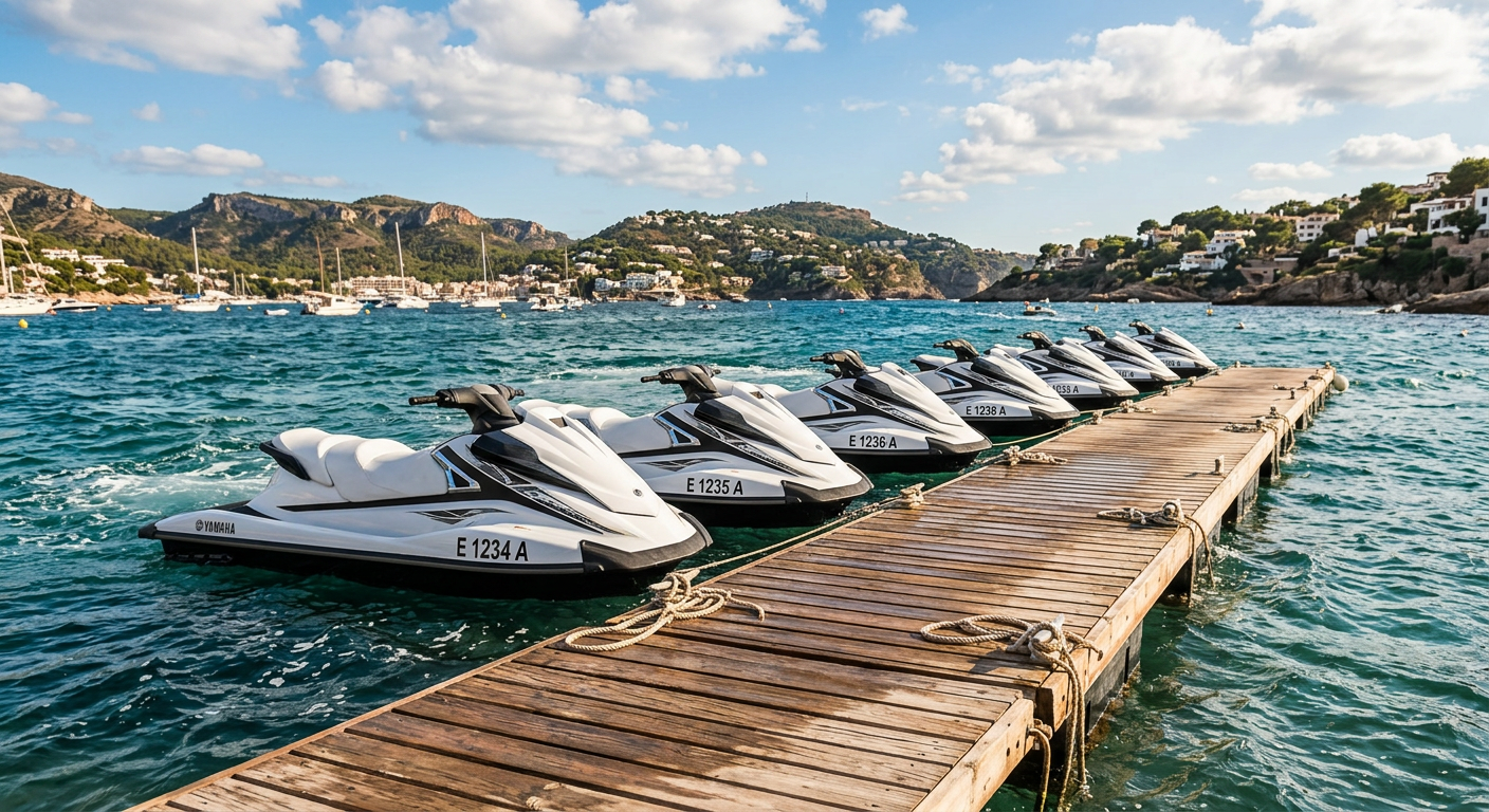 A row of white jet skis tied to a floating wooden dock in the choppy bay water