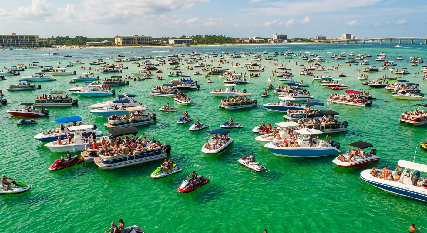 A dense crowd of boats and personal watercraft navigating the bright green waters near Crab Island