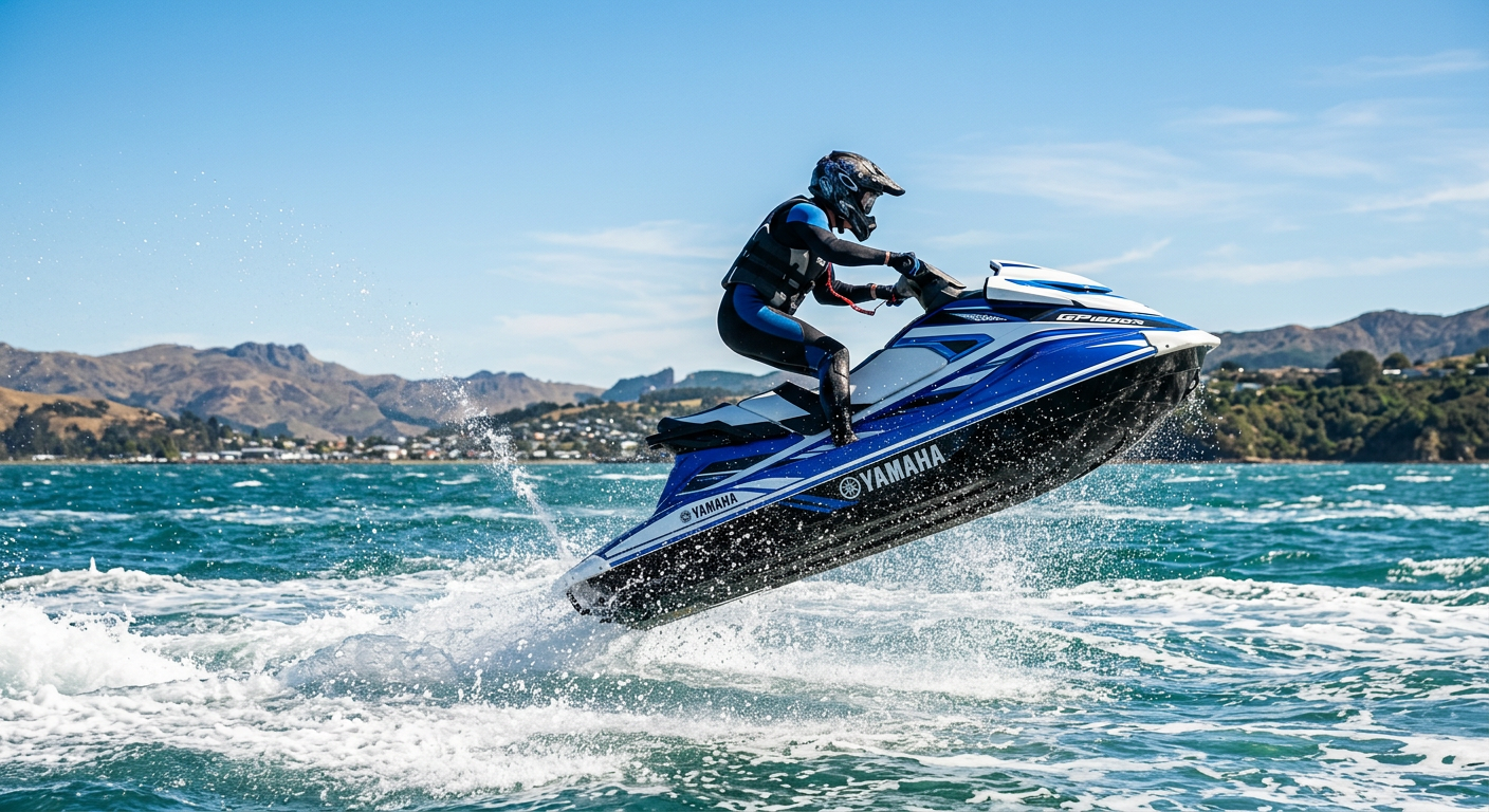 A rider bracing their legs on a jet ski jumping over bay chop under clear skies