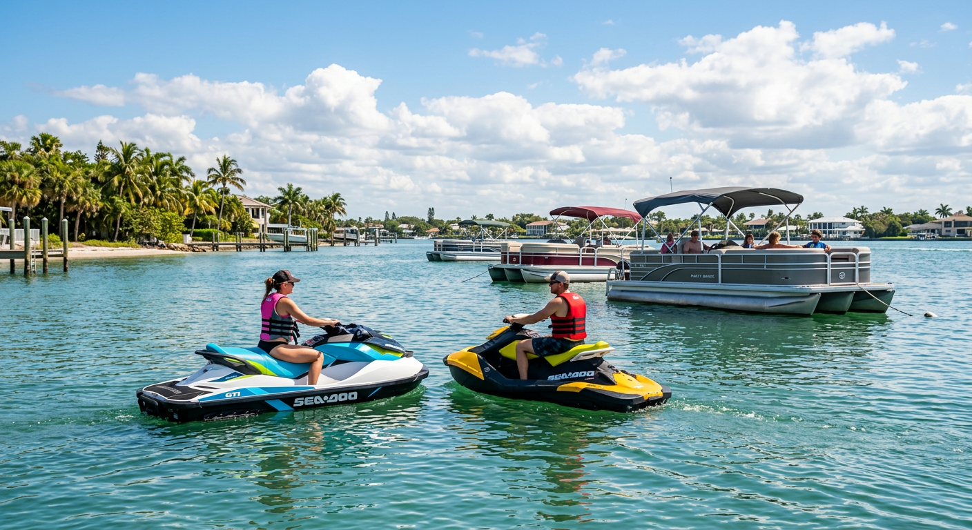 Two personal watercraft idling side by side near anchored pontoon boats under a bright Florida sky