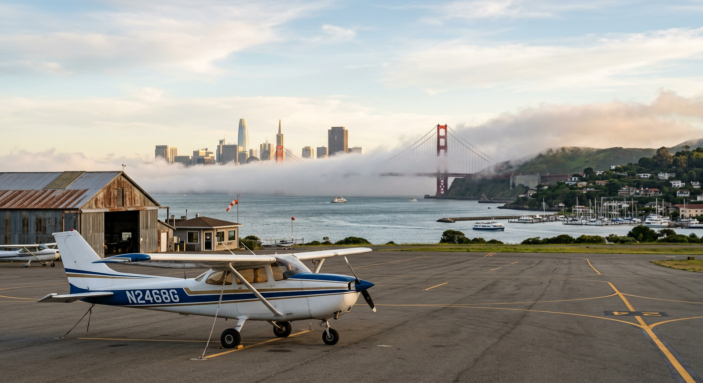 A small Cessna airplane parked on the tarmac near Sausalito with the foggy San Francisco Bay in the background