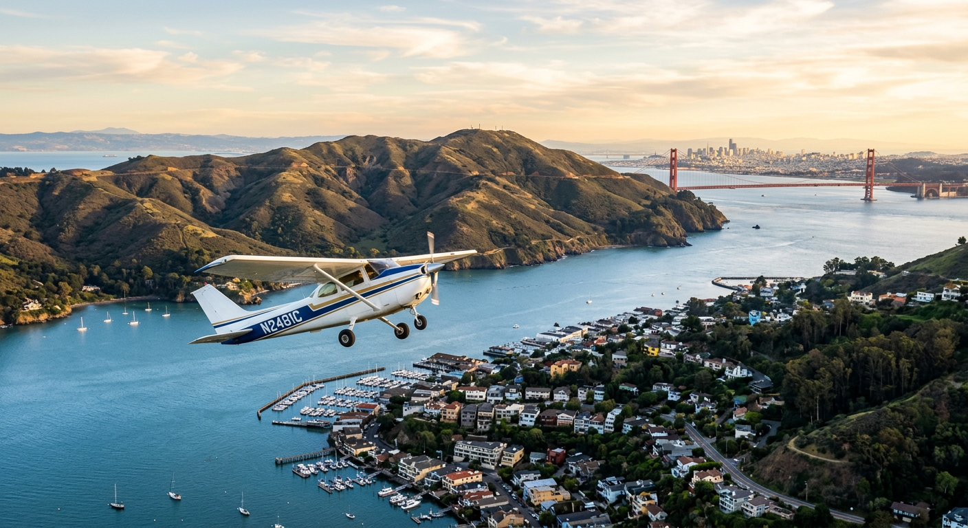 A small Cessna airplane climbing over the Sausalito coastline with the Marin Headlands in the background