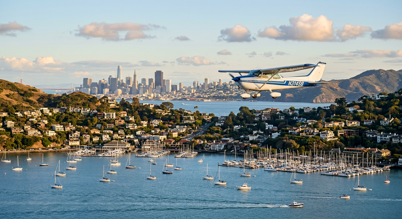 A small training airplane flying over the waters of Richardson Bay near Sausalito