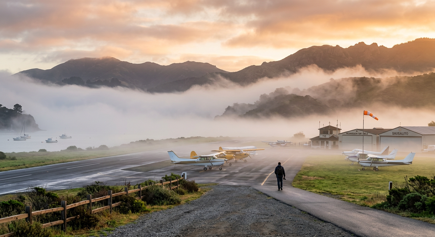 Morning fog blanketing a small airfield near Sausalito, California