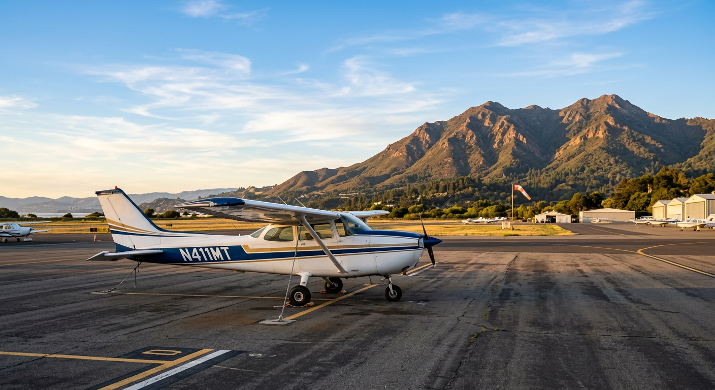 A small Cessna aircraft parked on the tarmac with Mount Tamalpais rising in the background