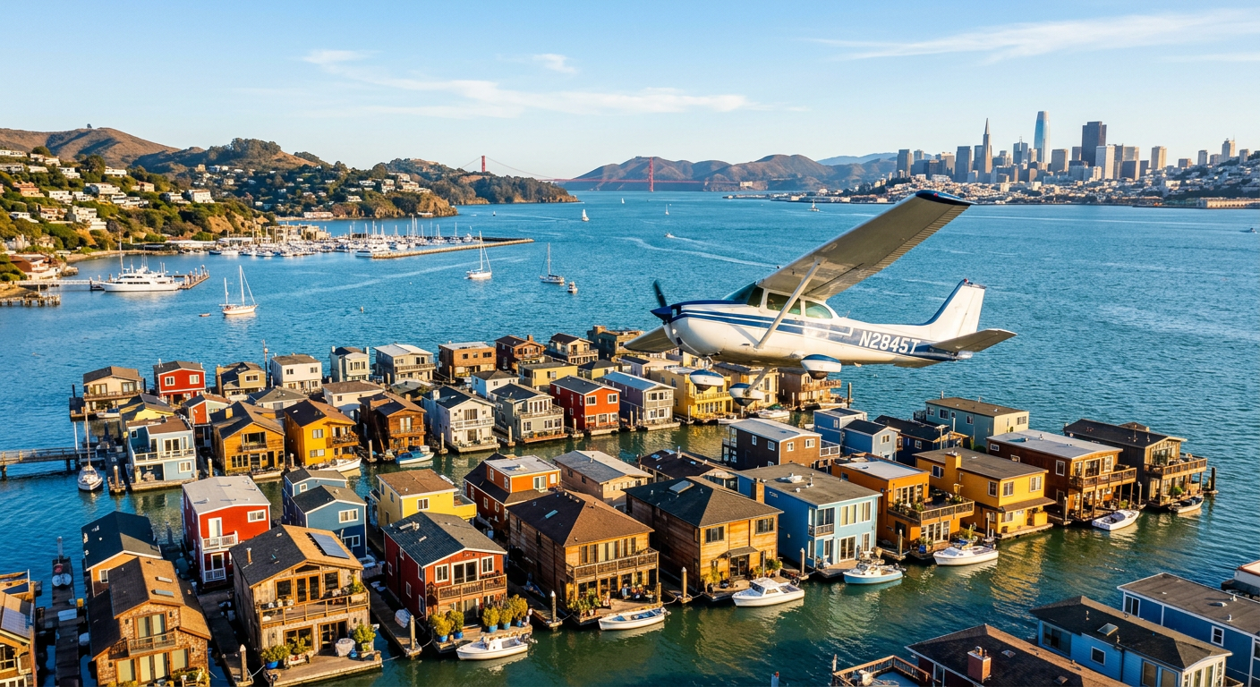 A small Cessna banking over the colorful houseboats of Sausalito, California