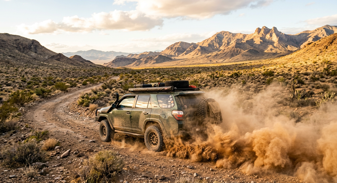 A dusty off-road vehicle kicking up a cloud of dirt on a Mojave Desert trail