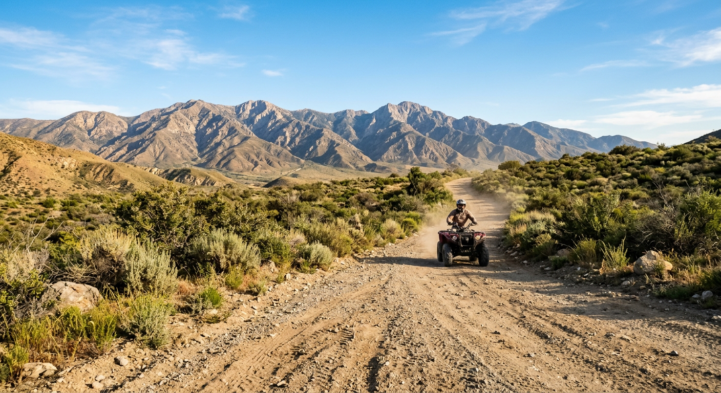 A dusty ATV trail stretching toward the San Gabriel Mountains under a clear blue sky