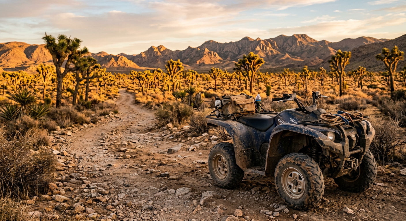 A dusty ATV parked on a rocky desert trail with Joshua trees in the background