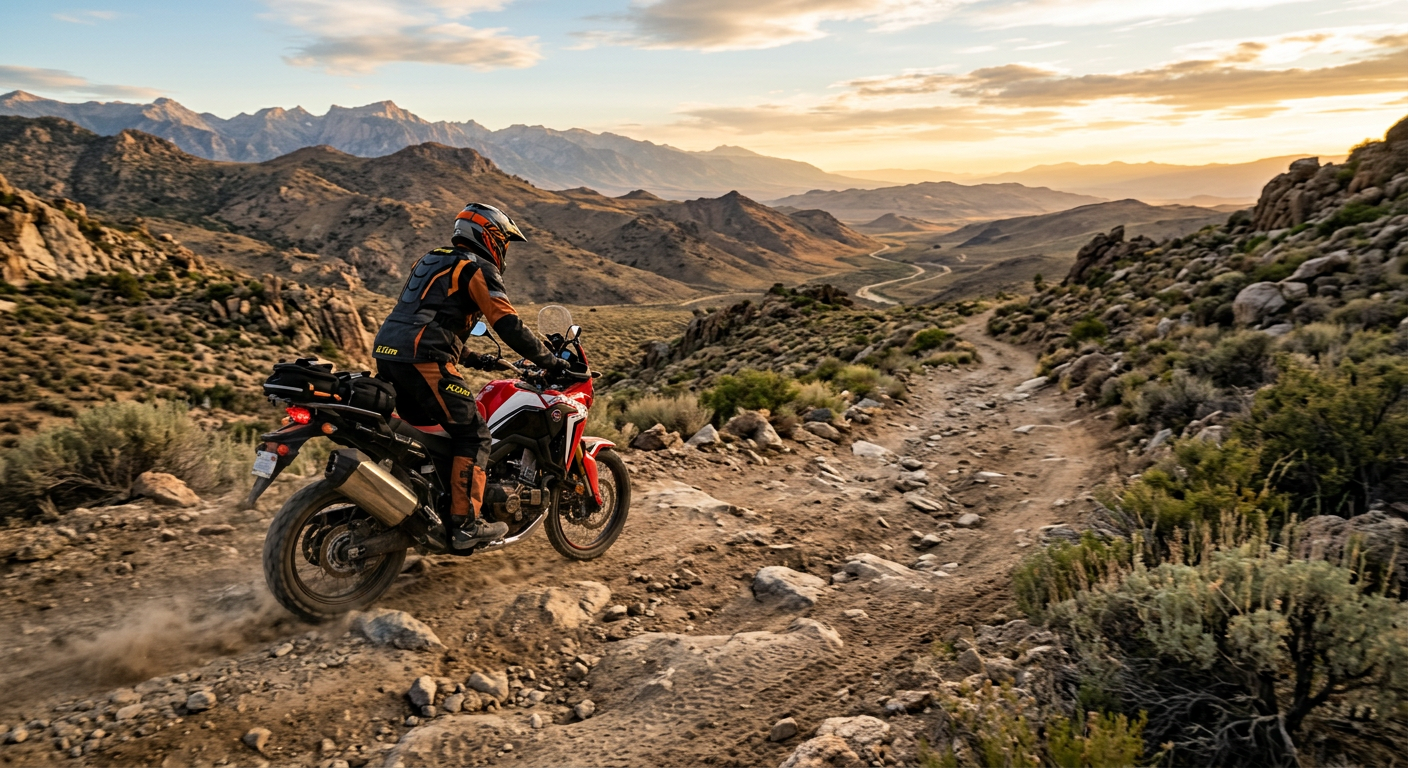 A rider navigating a dusty, rocky OHV trail in the California High Desert