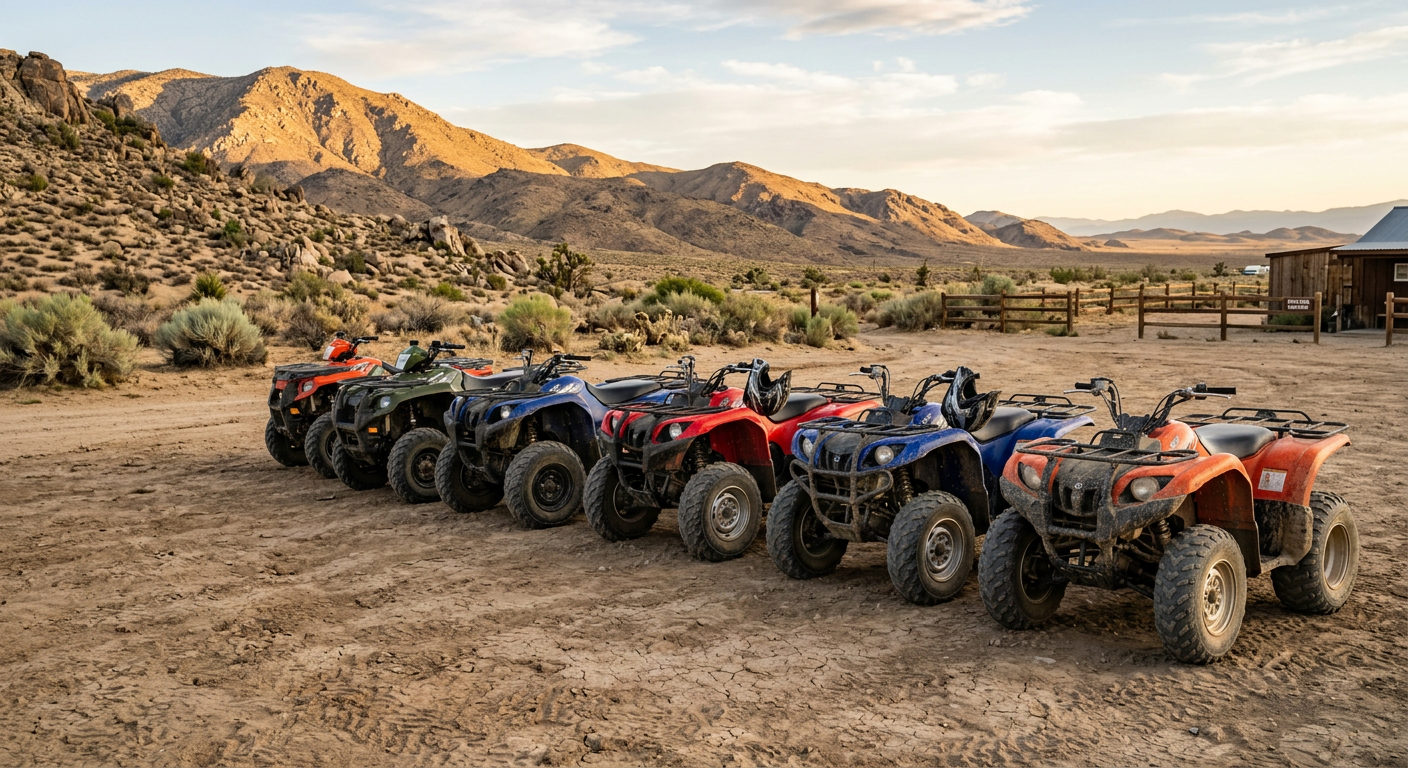 A row of dusty ATVs parked in a dirt lot in the California High Desert