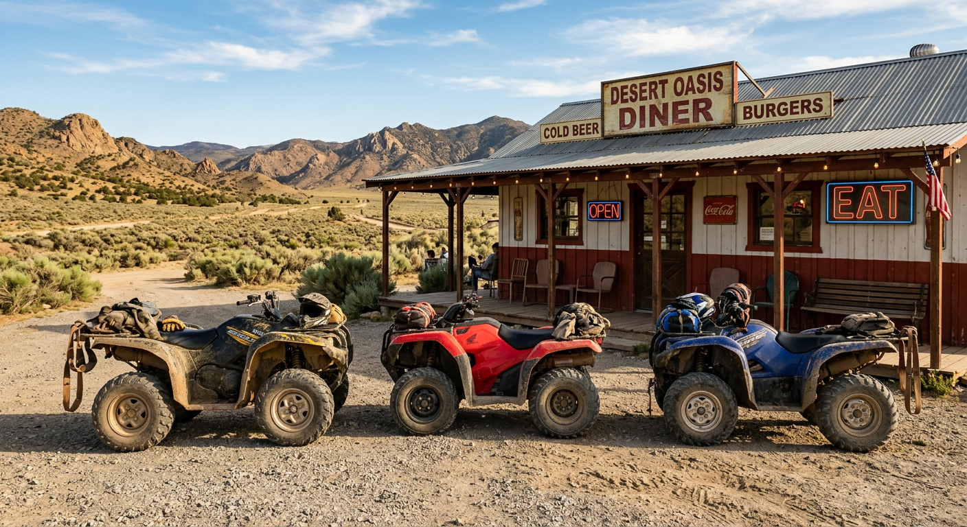 Dust-covered ATVs parked outside a small roadside diner in the California high desert