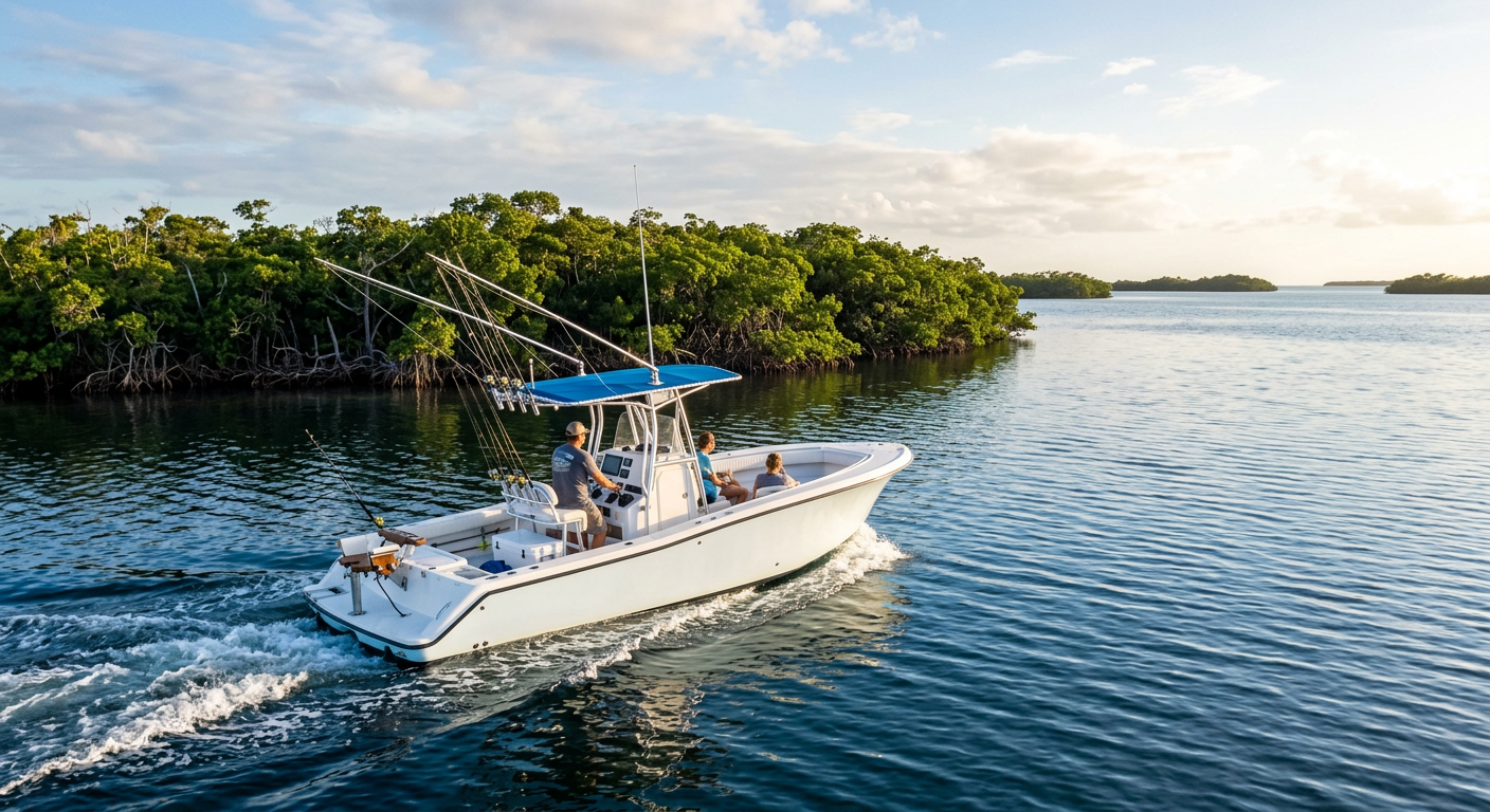 A sleek center console fishing boat cutting through calm, dark blue waters near a mangrove island in the Lower Keys