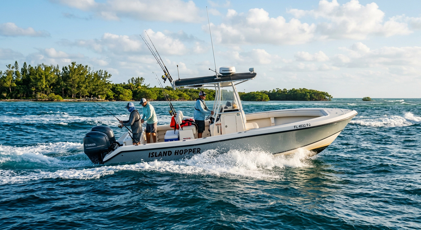Center console fishing boat cutting through choppy blue offshore waters near Big Pine Key