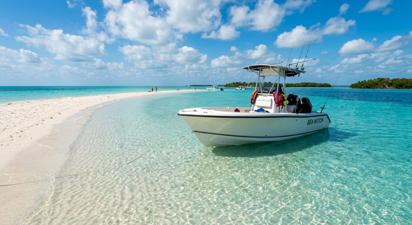 A boat anchored in clear shallow water over a pristine Florida Keys sandbar