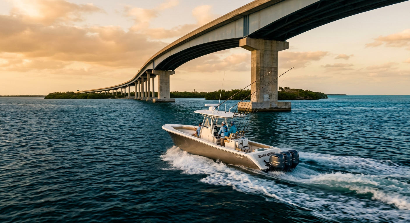 A sportfishing center console running through a dark blue channel beneath a highway bridge in the Lower Keys