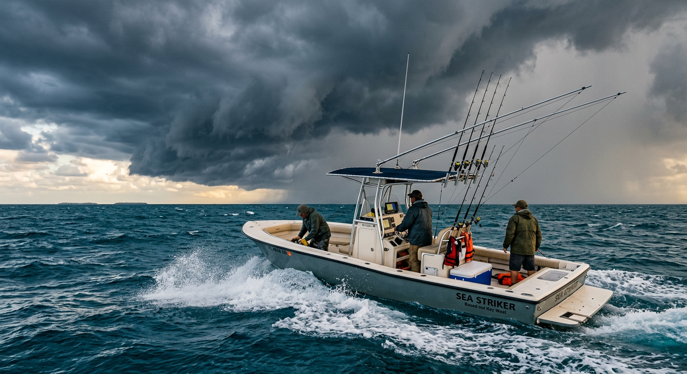Dark storm clouds gathering over a center console fishing boat in the Florida Straits