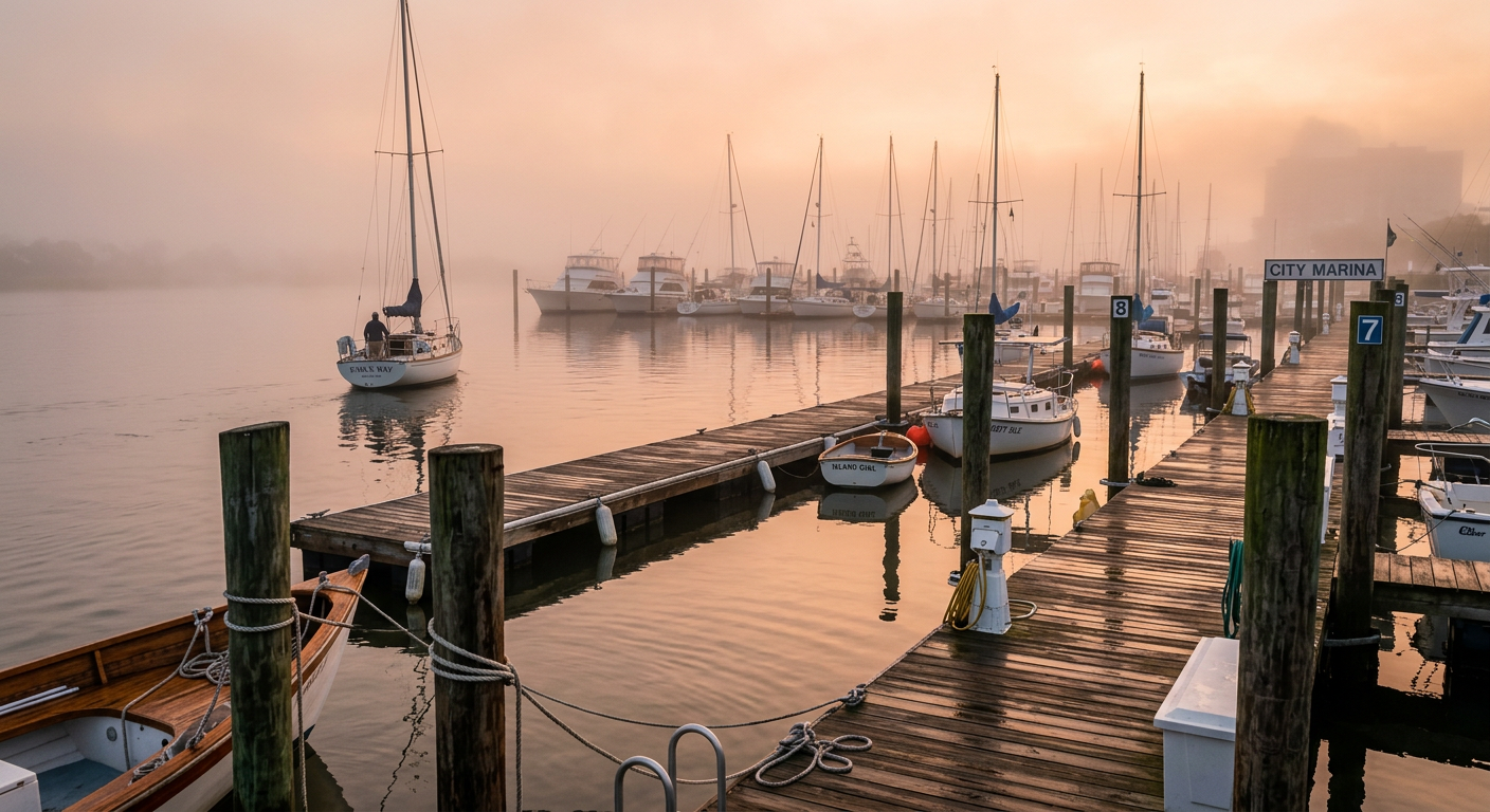 Morning fog hanging over the water at a Charleston marina with wooden docks and small boats