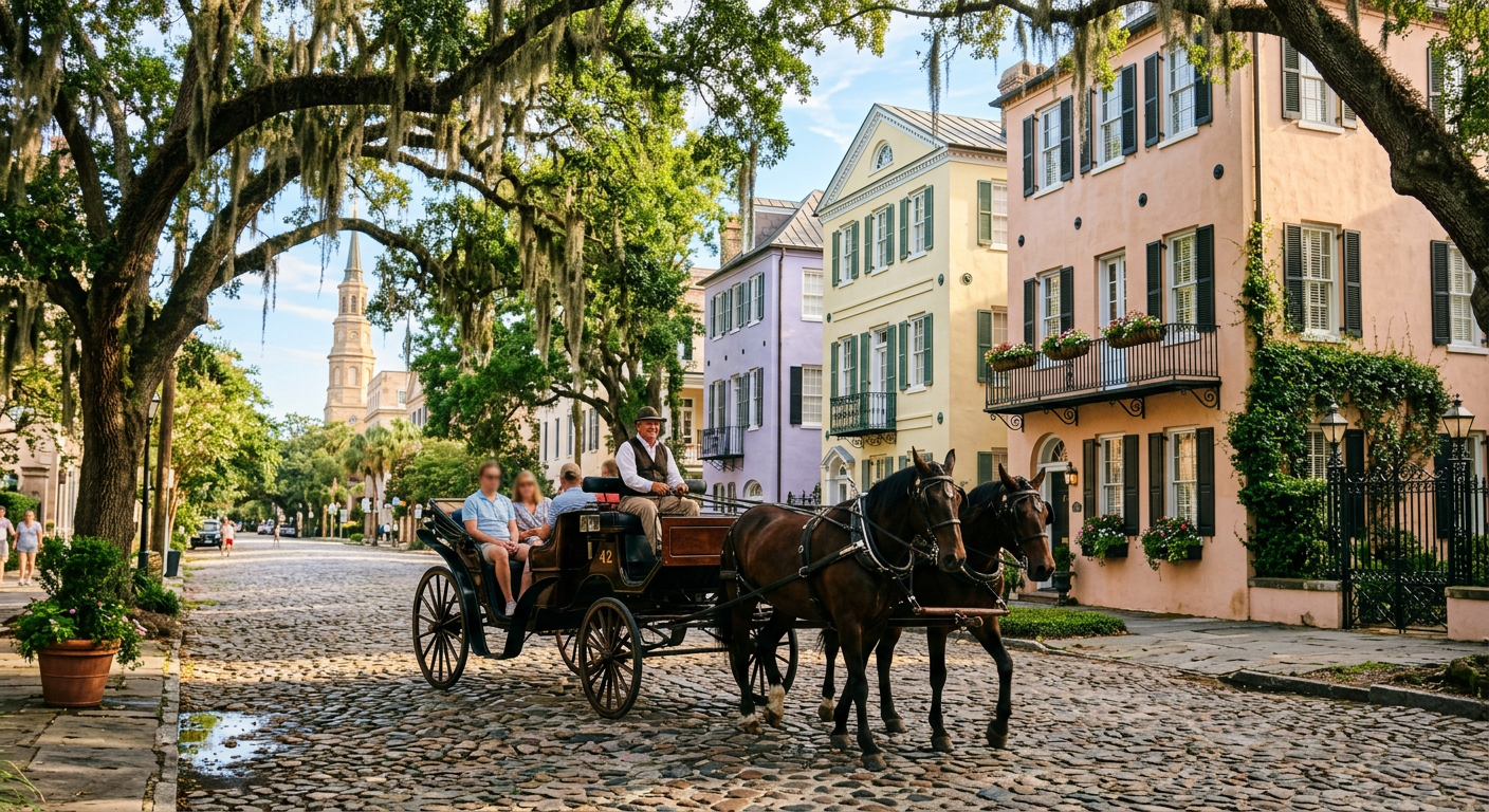 A horse-drawn carriage rolling past historic pastel mansions and overhanging live oaks in Charleston