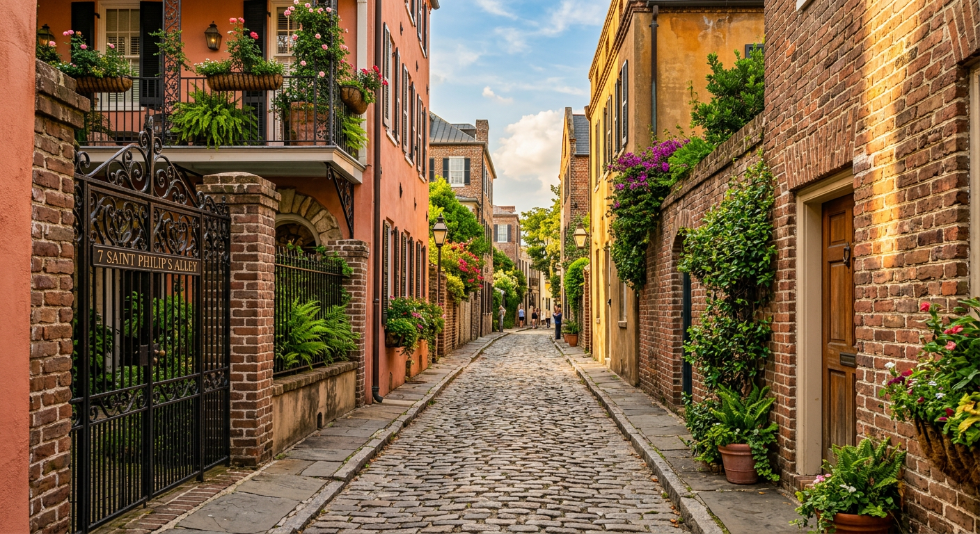 A narrow cobblestone alleyway in Charleston lined with age-worn brick walls and wrought iron gates