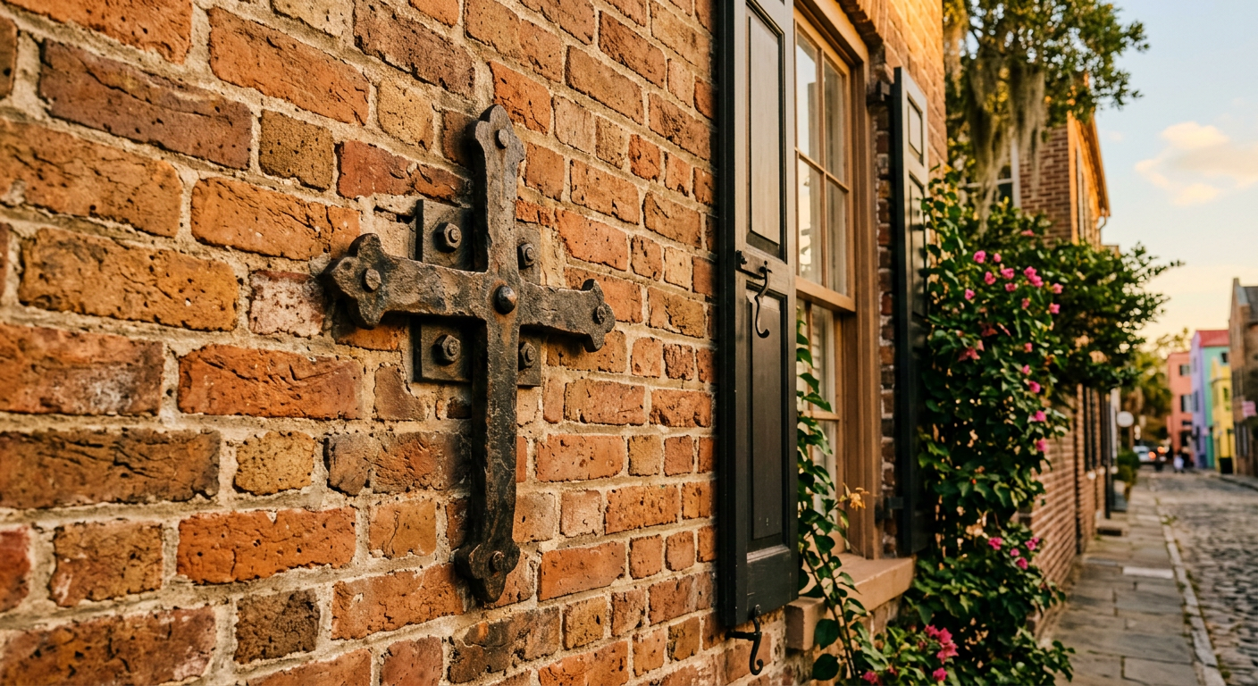A cast-iron earthquake bolt shaped like a cross on a historic brick wall in Charleston