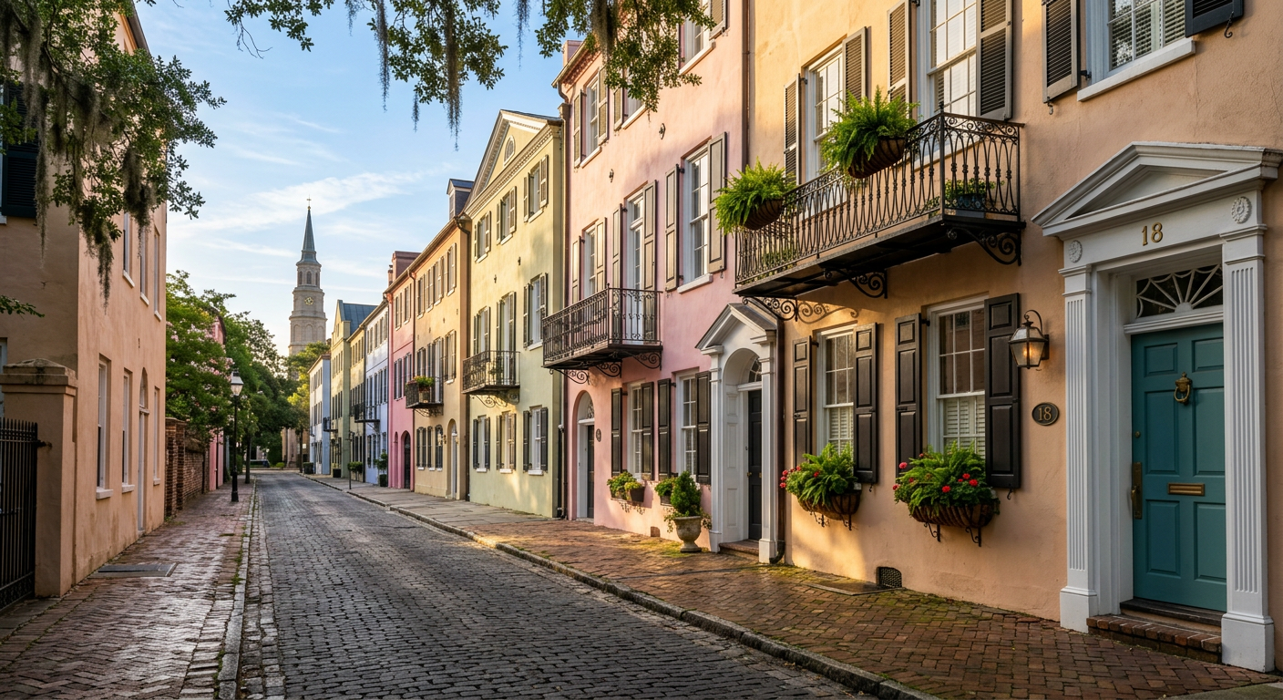 Early morning sunlight illuminating the empty sidewalks and pastel facades of historic Charleston homes