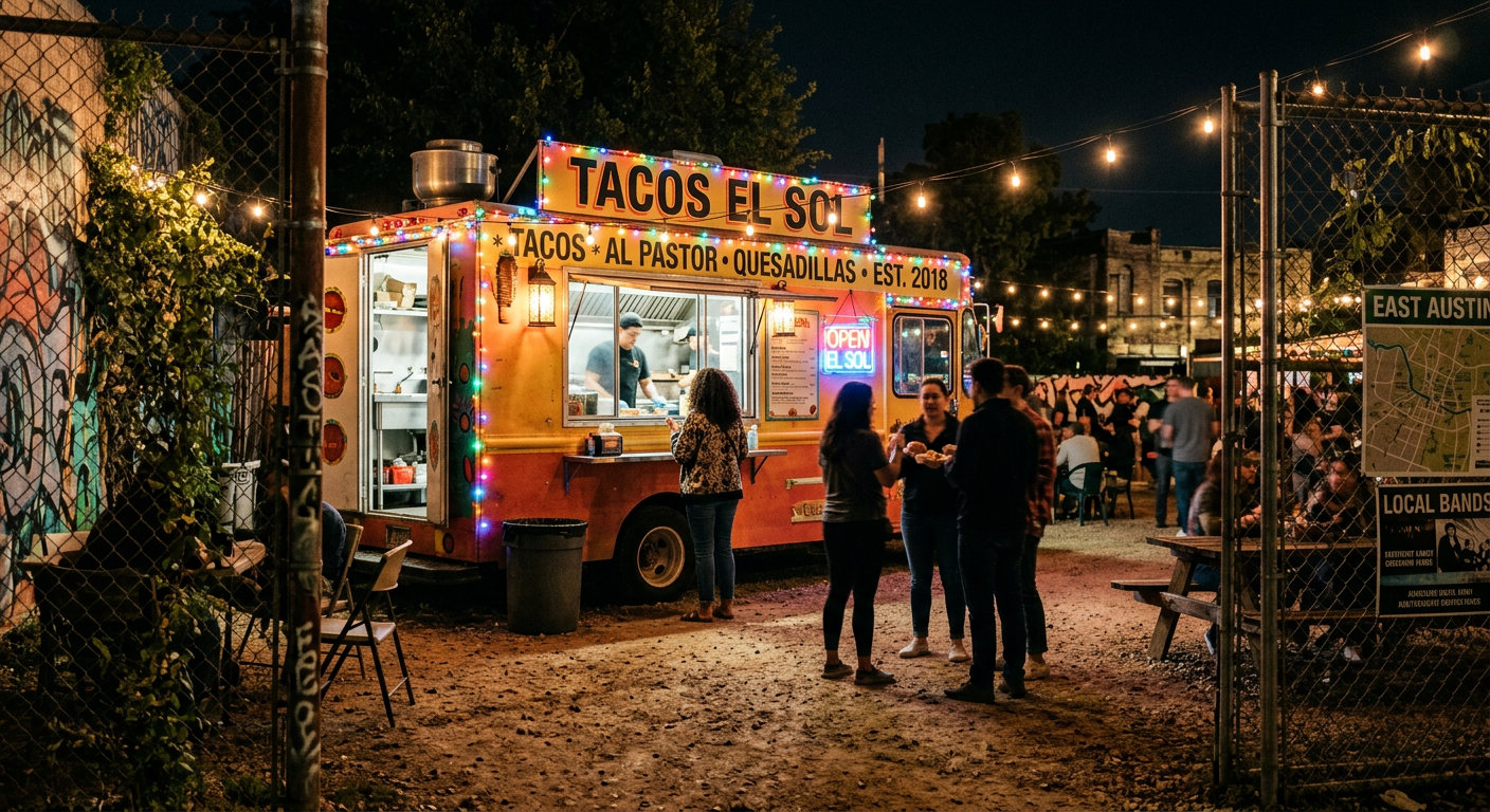 A brightly lit food truck parked on a dirt lot in East Austin at night, framed by a chain link fence and hungry locals