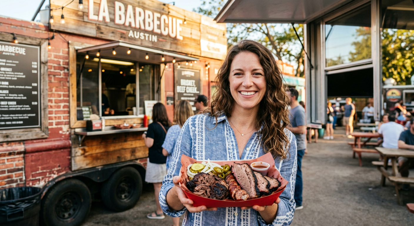 A smiling customer at an Austin barbecue food truck holding a red paper tray loaded with smoked beef cheeks and brisket