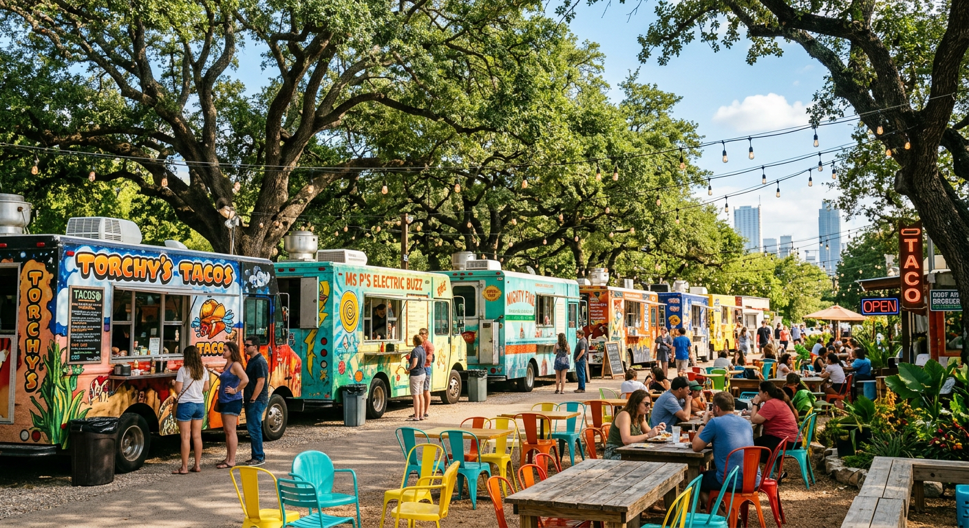 Food trucks lined up under large oak trees with colorful seating in austin texas