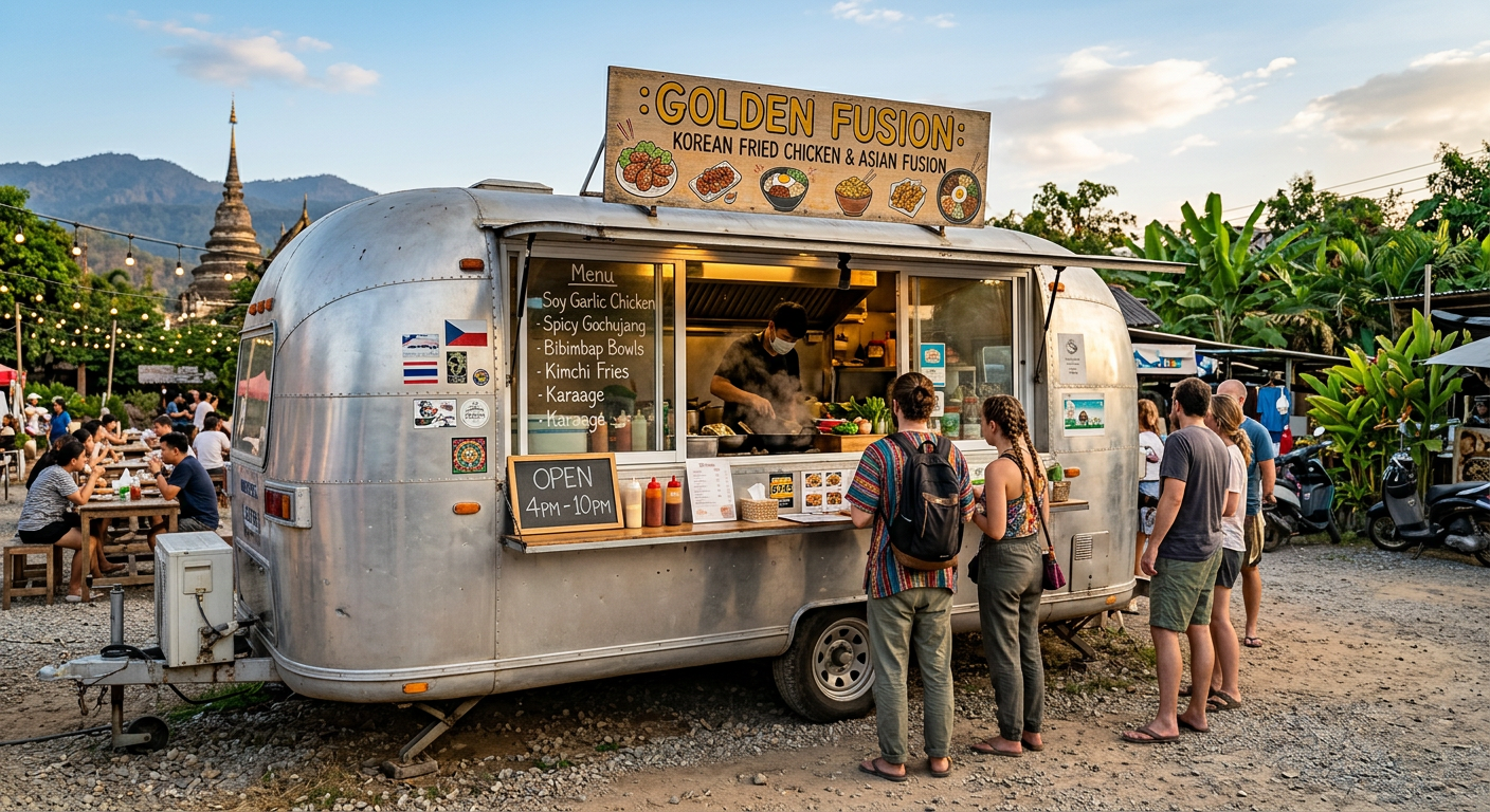 A silver food trailer with a sliding glass window serving fried chicken and Asian fusion dishes in a dusty lot