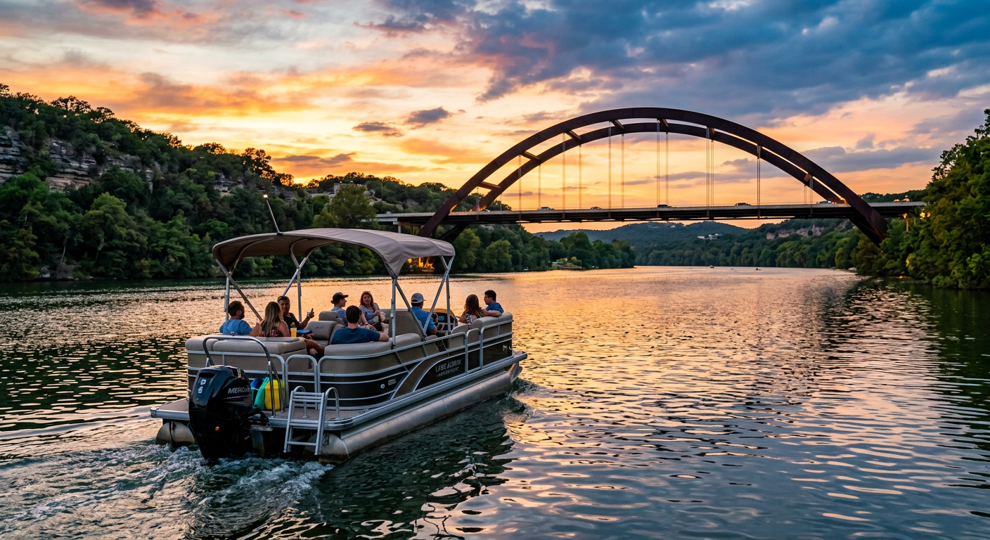 Pontoon boat cruising on Lake Austin at sunset with the Pennybacker Bridge in the background