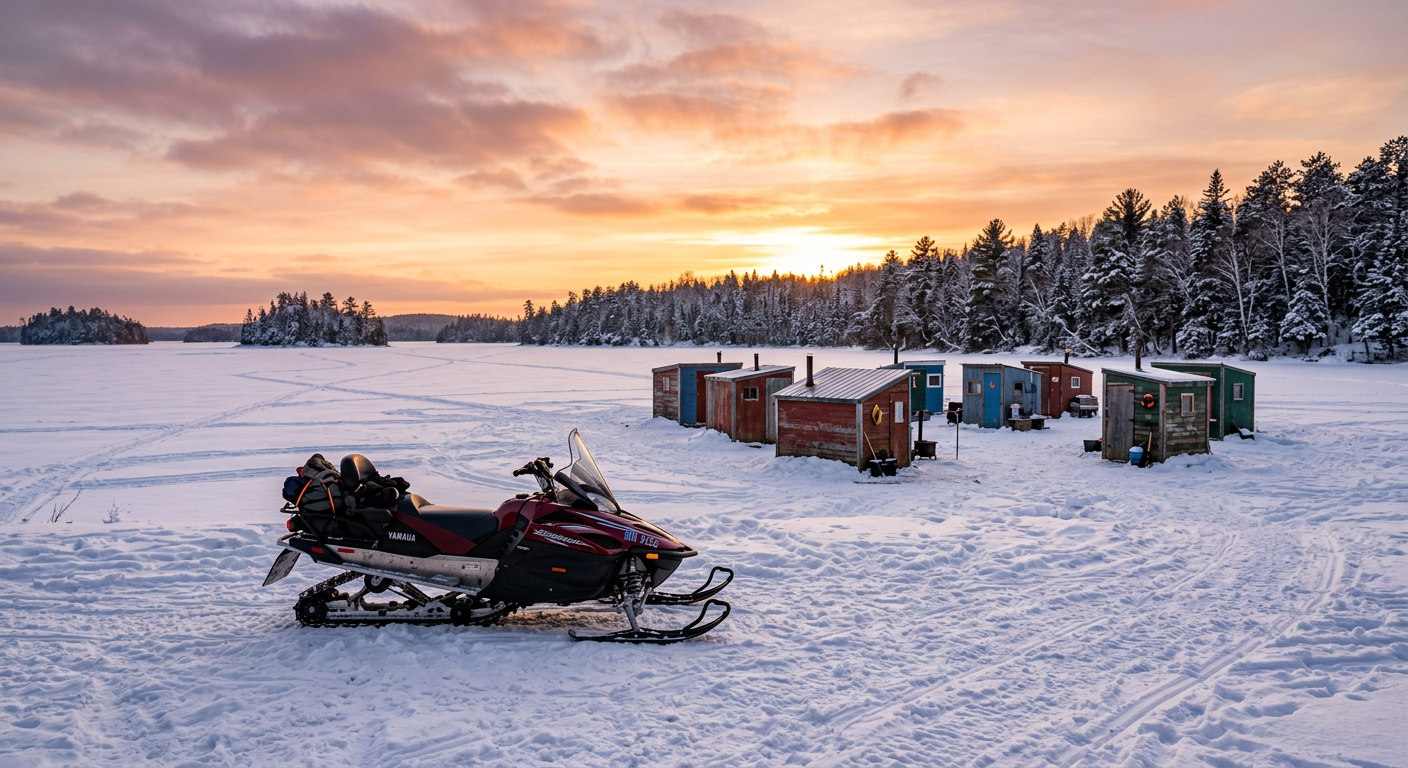 A quiet snowmobile parked on the frozen expanse of Big Birch Lake near a cluster of ice fishing shacks