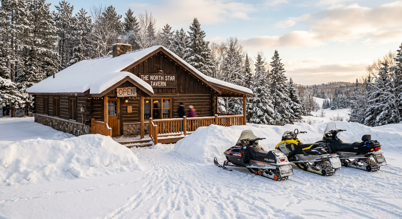 Snowmobiles parked outside a small local tavern surrounded by deep snowbanks in central Minnesota